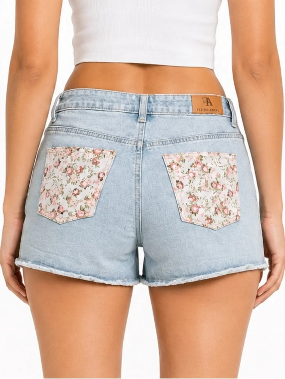 Light Wash Denim Shorts with Floral Pocket Detail